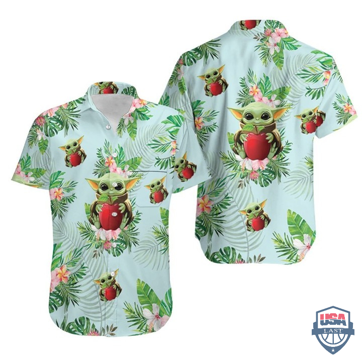 Baby Yoda Hugging Apples Tropical Green Leaves Hawaiian Shirt