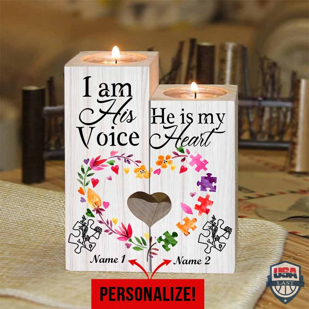 Personalized Autism Awareness I Am His Voice He Is My Heart Candle Holder