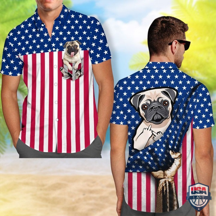 Pug Middle Finger American Flag Hawaiian Shirt
