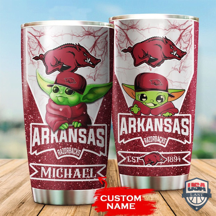 Baby Yoda With Arkansas Razorbacks Hat Custom Name Tumbler