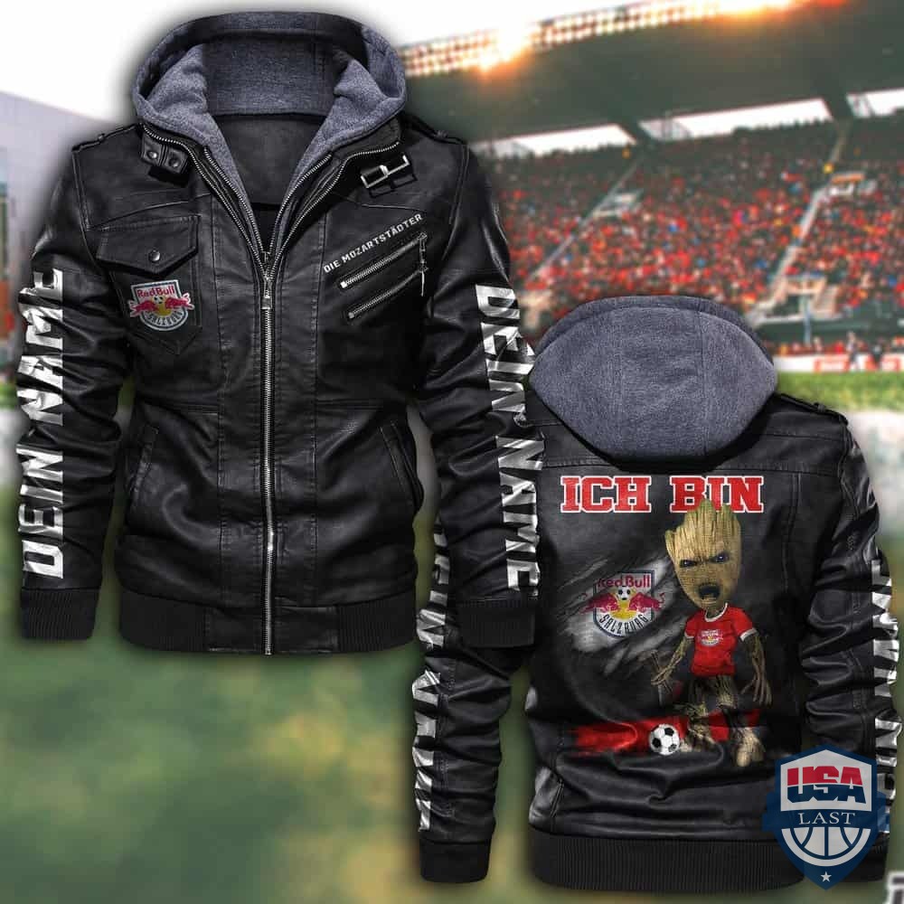 Personalisiert FC Red Bull Salzburg Lederjacke mit Kapuze