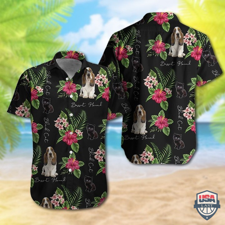 Basset Hound And Black Cat Hawaiian Shirt