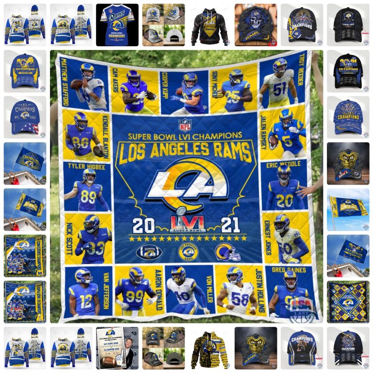 Hottest 2022 Los Angeles Rams Super Bowl championship gear includes, t-shirts, hats, hoodies.