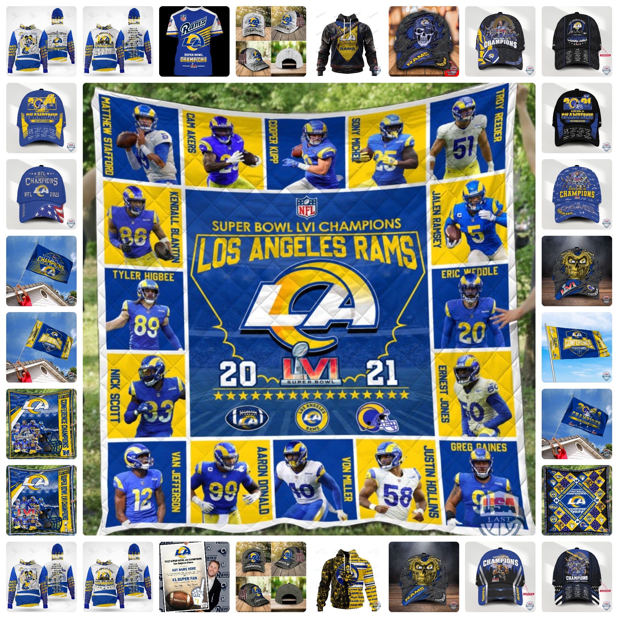 Hottest 2022 Los Angeles Rams Super Bowl championship gear includes, t-shirts, hats, hoodies.