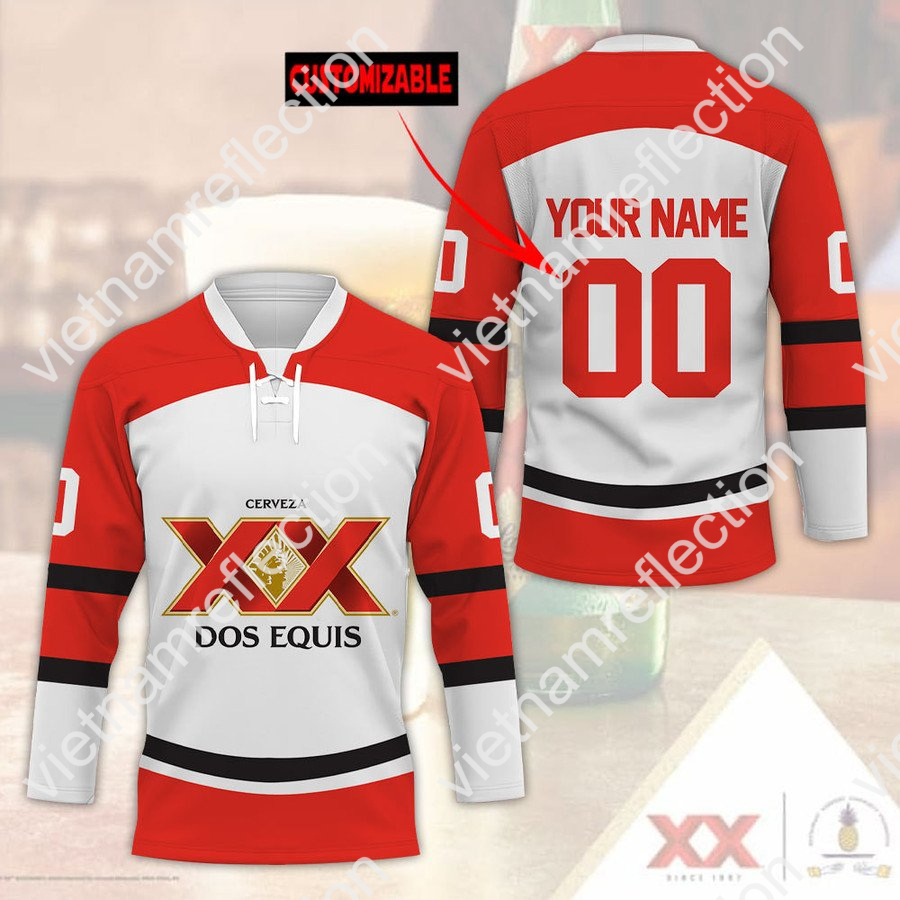 Dos Equis beer custom name and number hockey jersey