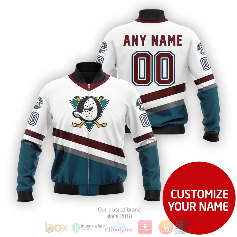 NEW Anaheim Ducks NHL Personalized white blue bomber jacket