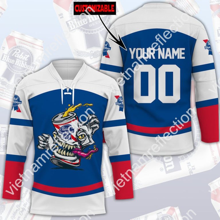 Pabst Blue Ribbon beer custom name and number hockey jersey