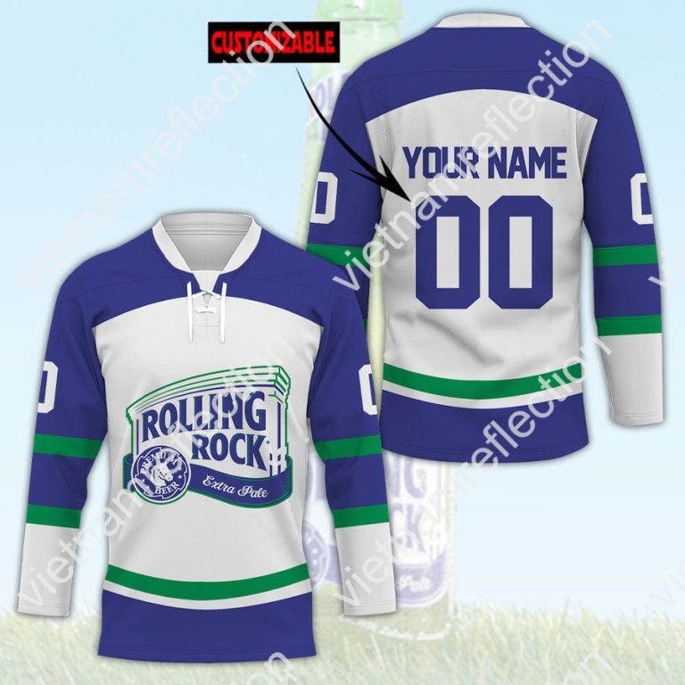 Rolling Rock beer custom name and number hockey jersey