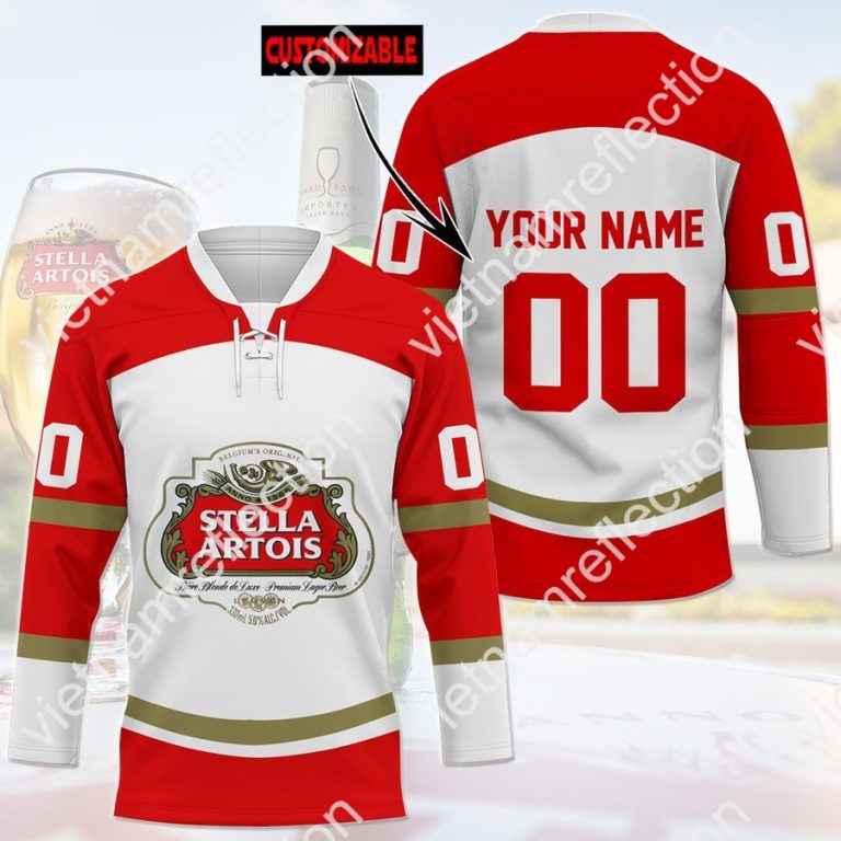 Stella Artois beer custom name and number hockey jersey