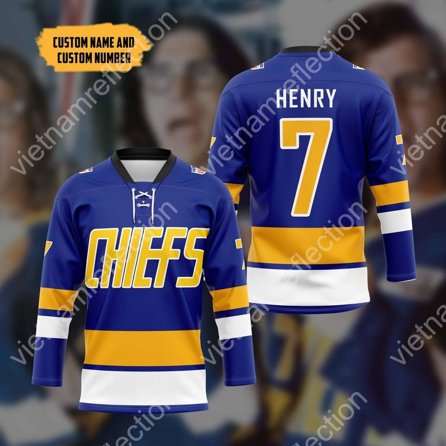 Personalized Charlestown Chiefs blue hockey jersey