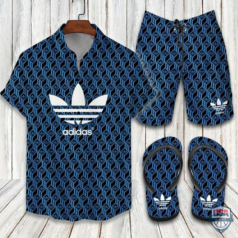 Adidas Logo Hawaiian Shirt Beach Short And Flip Flops