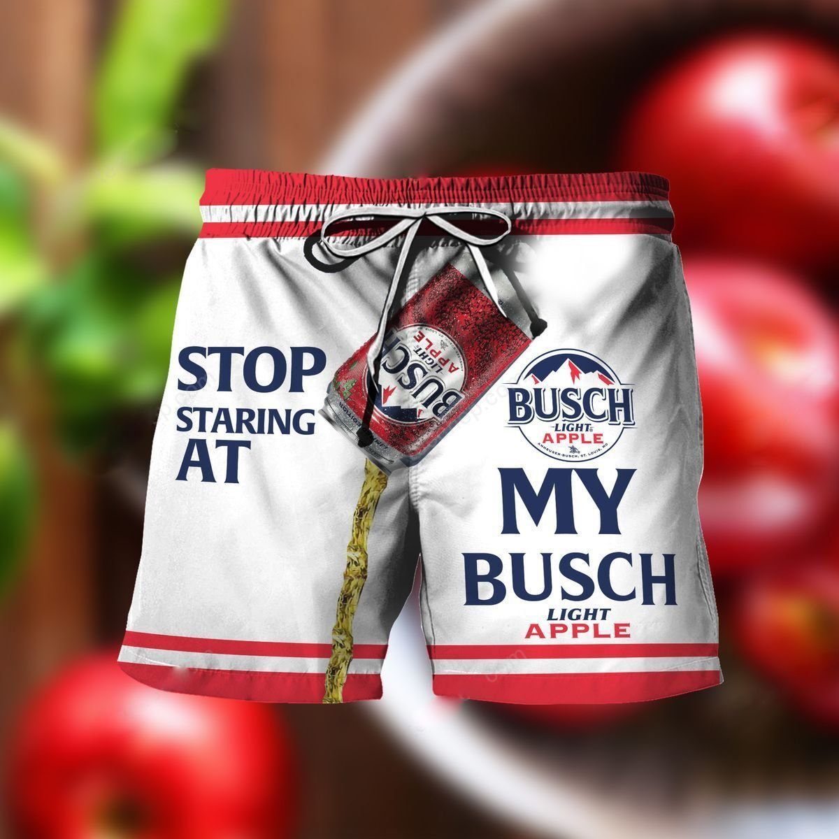 Stop Staring at my Busch Light Apple beach shorts