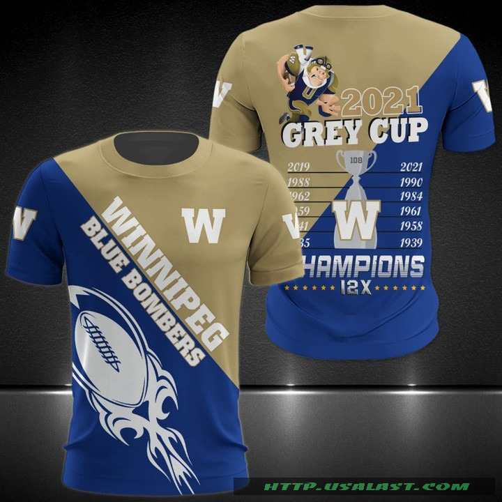 BEST Winnipeg Blue Bombers 2021 Grey Cup Champion 12X 3D T-Shirt Hoodie