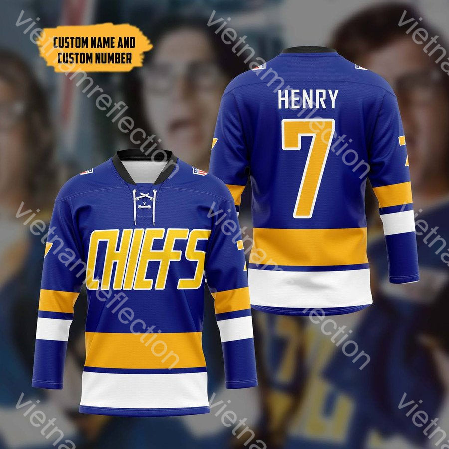 Charlestown Chiefs blue personalized custom hockey jersey