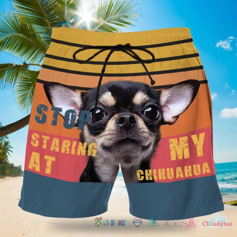Available Stop Staring At My Black Chihuahua Beach Shorts