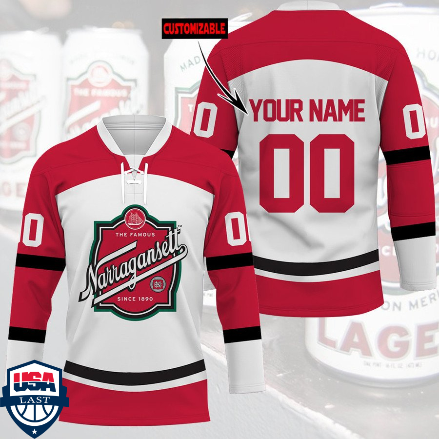 The Famous Narragansett beer personalized custom hockey jersey