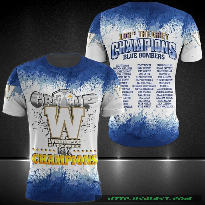 BEST Winnipeg Blue Bombers 12X Champions Grey Cup 3D Hoodie T-Shirt