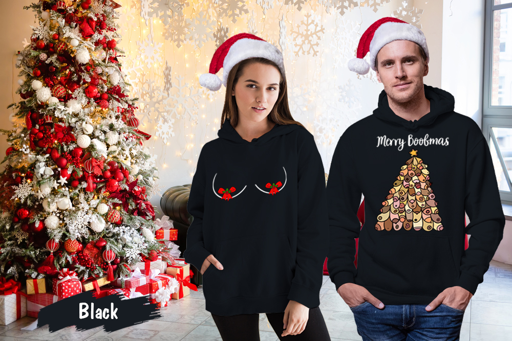 Funny Ugly Christmas Boobs Tree Matching Couples Hoodie