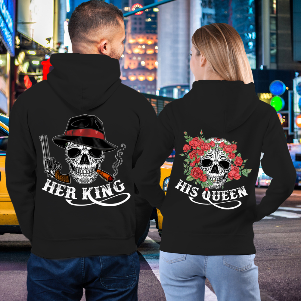 Couple Gift – Gangster Skull Her King His Queen Gun Roses Couple Lover Matching Hoodies