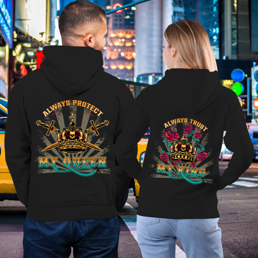 Couple Gift – Always Protect My King Queen Crown Swords Couple Lover Matching Hoodies