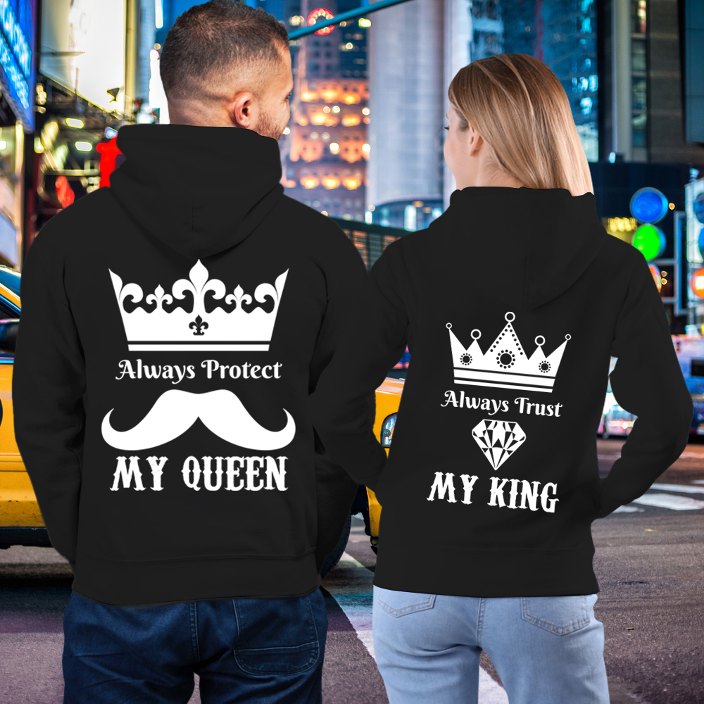 Couple Gift – Always Protect My King Queen Crown Diamond Couple Lover Matching Hoodies