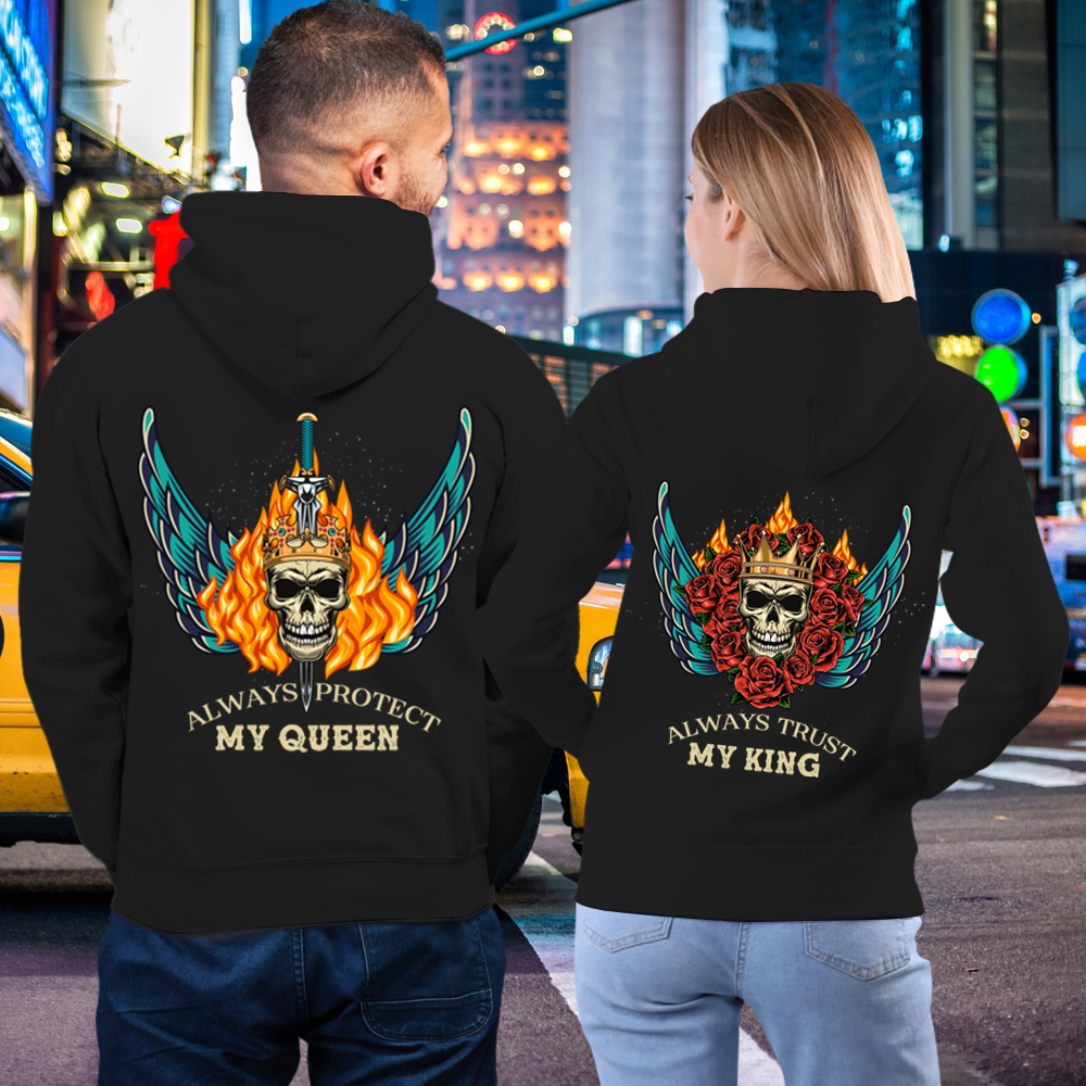 Couple Gift – Always Protect My King Queen Skull Wings Couple Lover Matching Hoodies