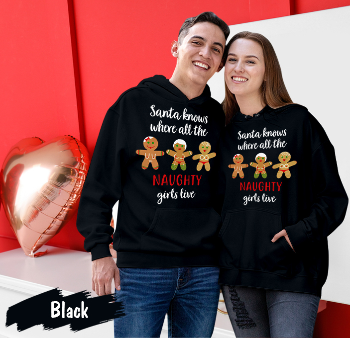 Santa Knows Where All The Naughty Merry Christmas Matching Couples Hoodie