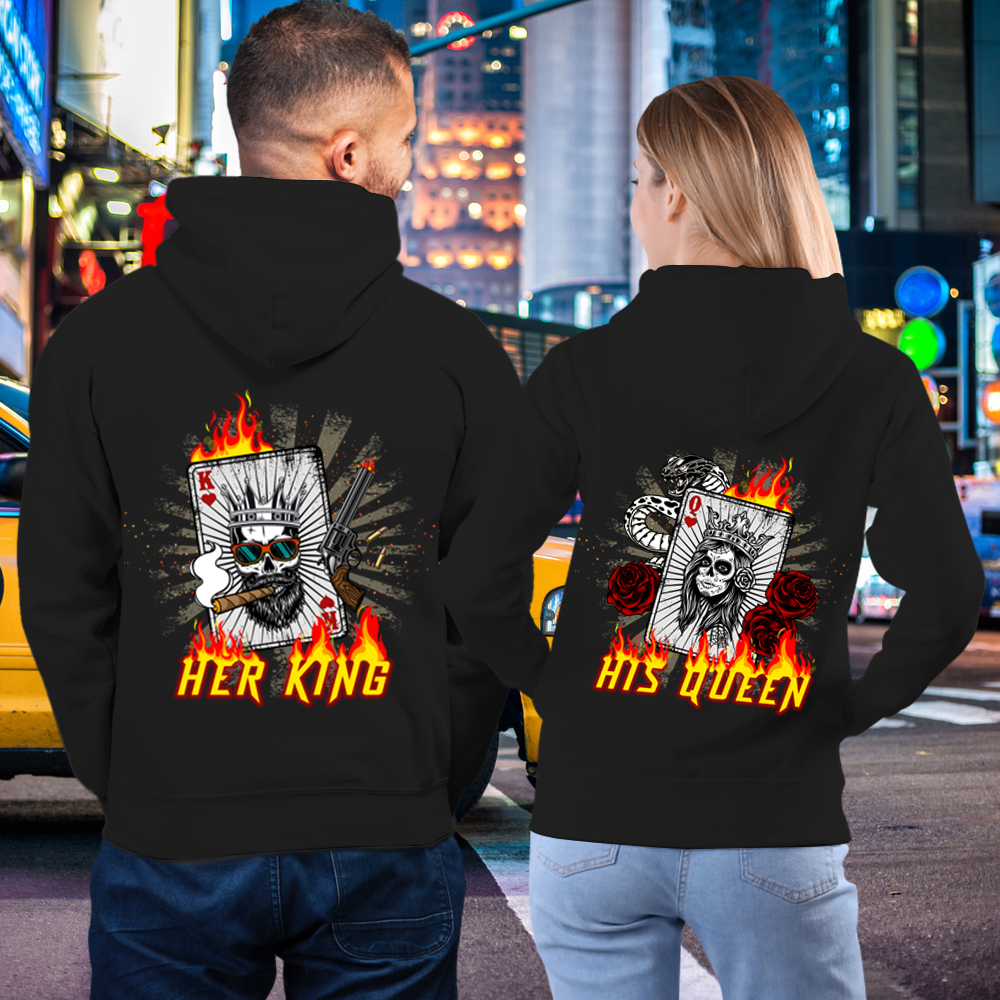 Couple Gift – Playing Card Her King His Queen Flame Skull Couple Lover Matching Hoodies