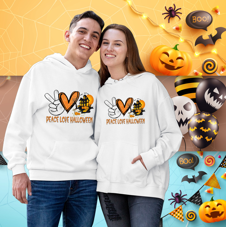 Peace Love Halloween Haunted House Matching Couple Hoodie