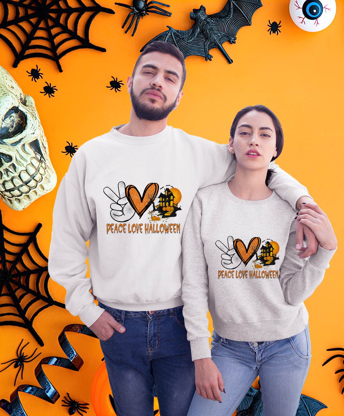 Peace Love Halloween Haunted House Matching Couple Sweatshirt