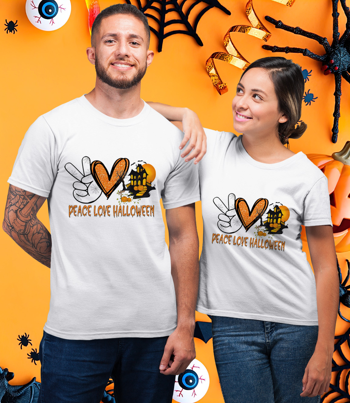 Peace Love Halloween Haunted House Matching Couple T-Shirt