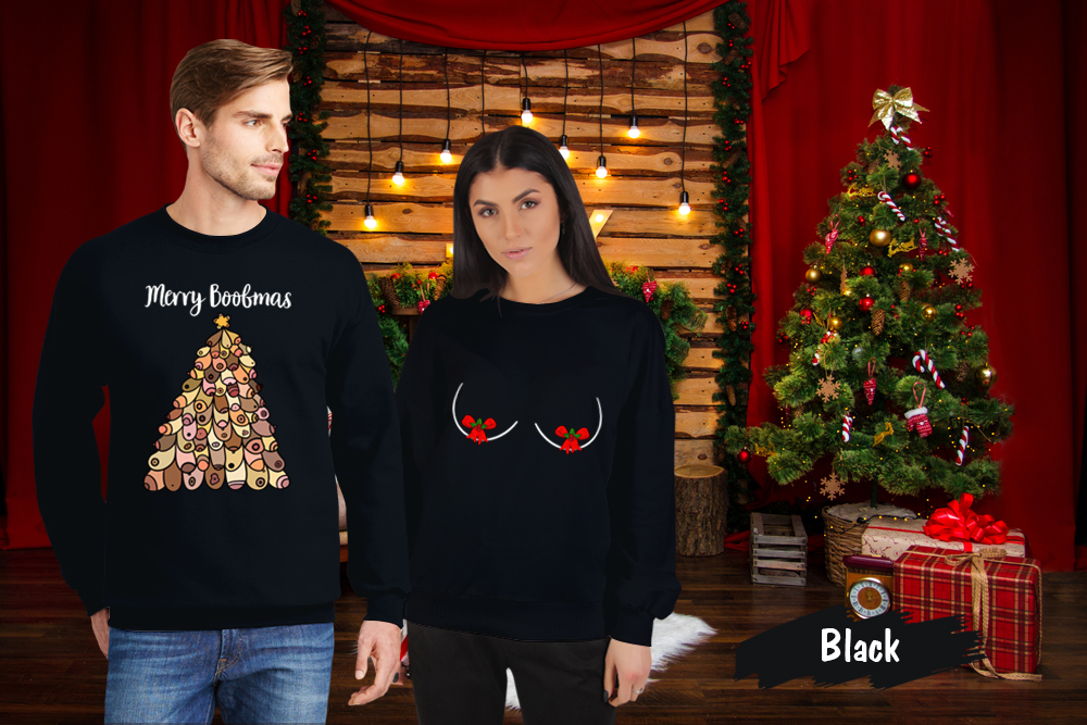 Funny Ugly Christmas Boobs Tree Matching Couples Sweatshirt