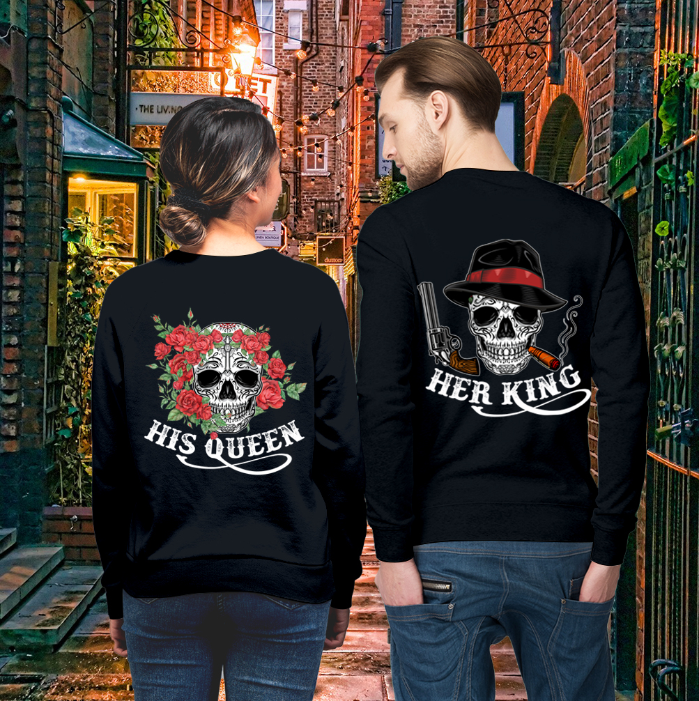 Couple Gift – Gangster Skull Her King His Queen Gun Roses Couple Lover Matching Sweatshirts