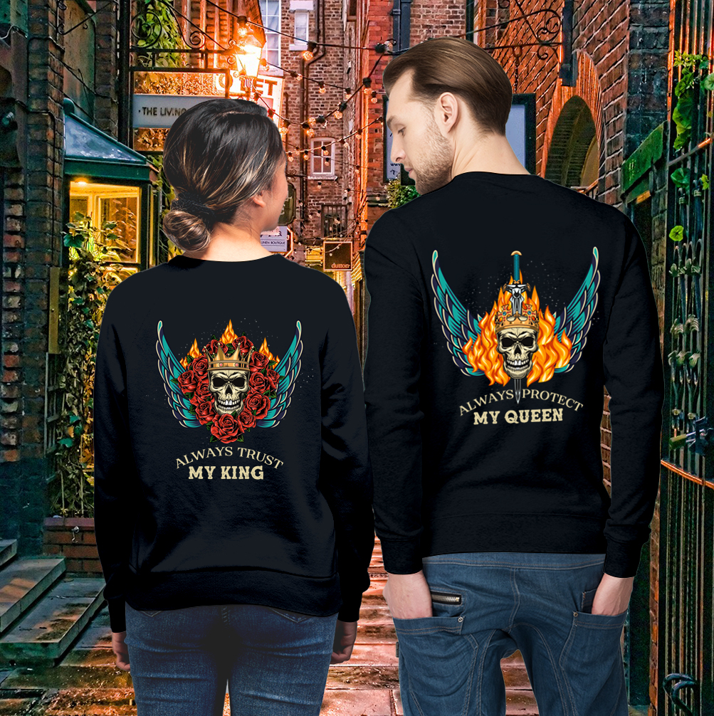Couple Gift – Always Protect My King Queen Skull Wings Couple Lover Matching Sweatshirts