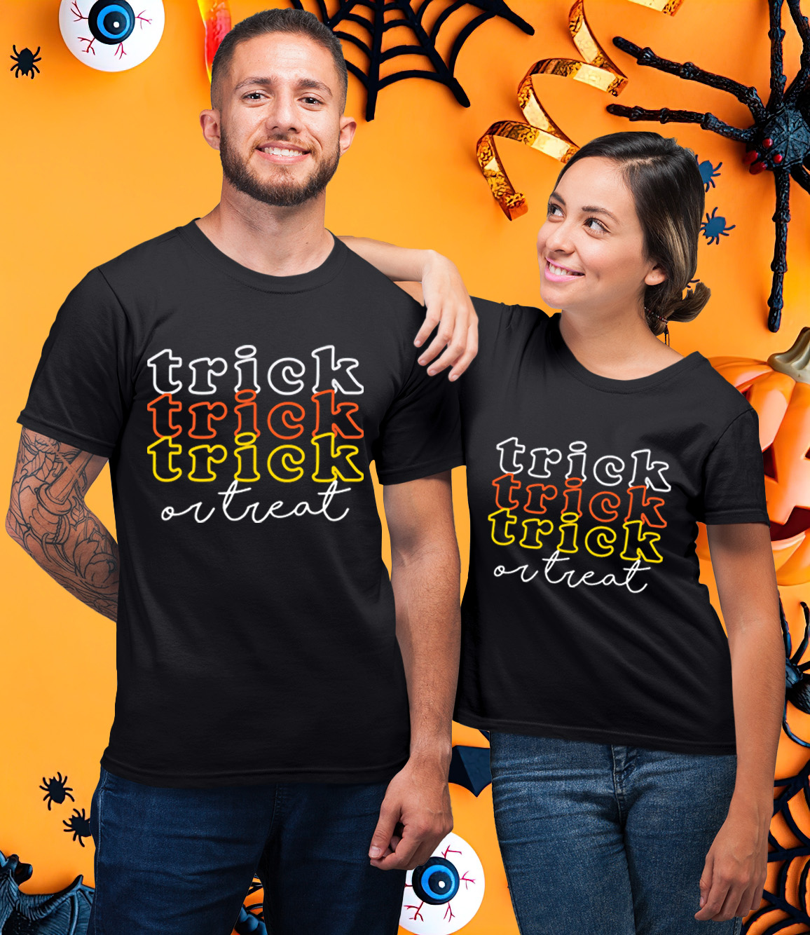 Trick Trick Trick Or Treat Funny Halloween Lover Matching Couple T-Shirt