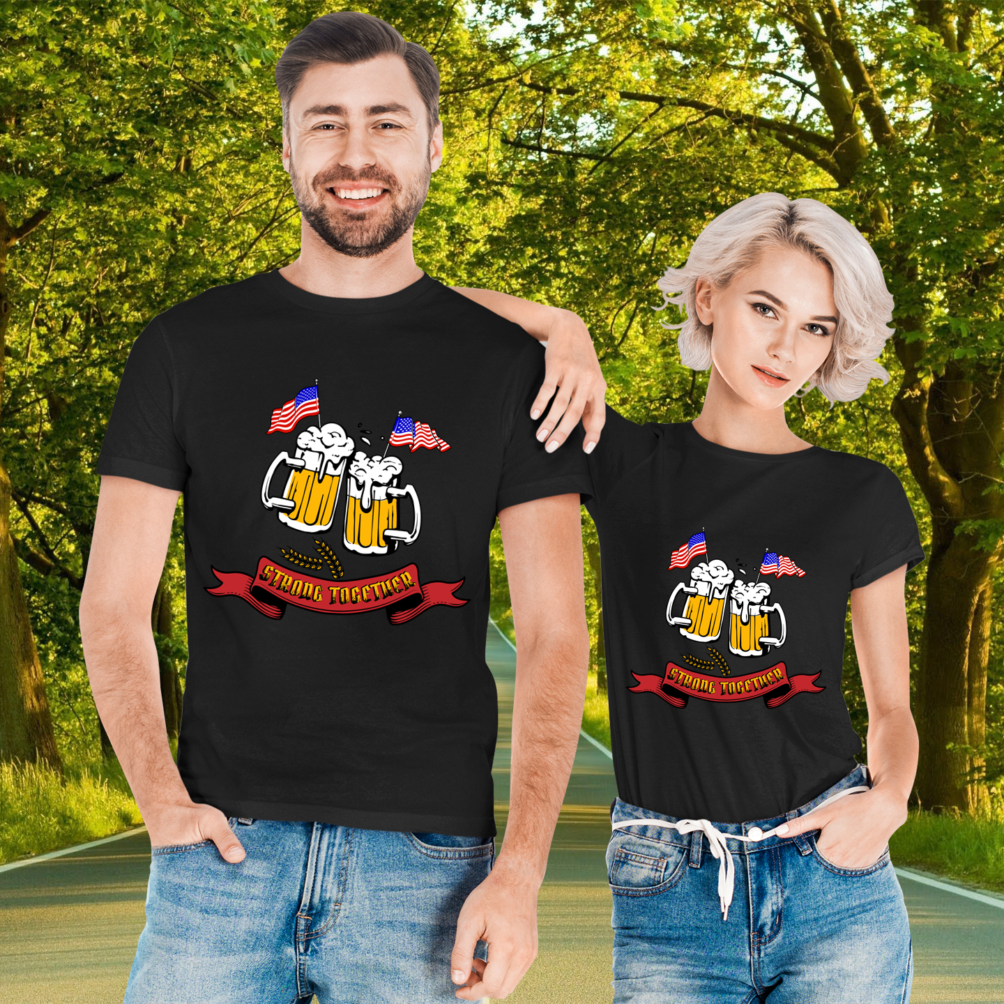 Premium Funny Beer America Strong Together Couple Lover Matching T-Shirts
