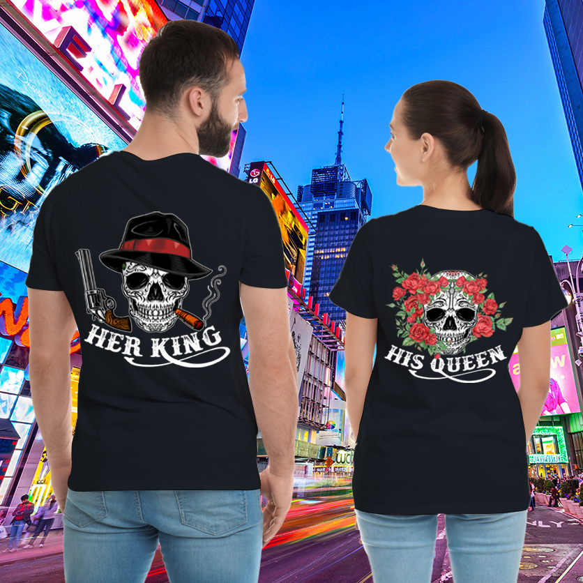 Couple Gift – Gangster Skull Her King His Queen Gun Roses Couple Lover Matching T-Shirts