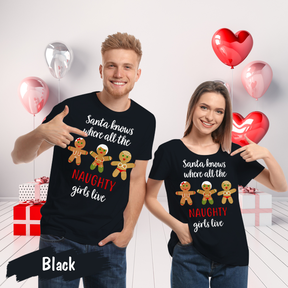 Santa Knows Where All The Naughty Merry Christmas Matching Couples T-Shirt