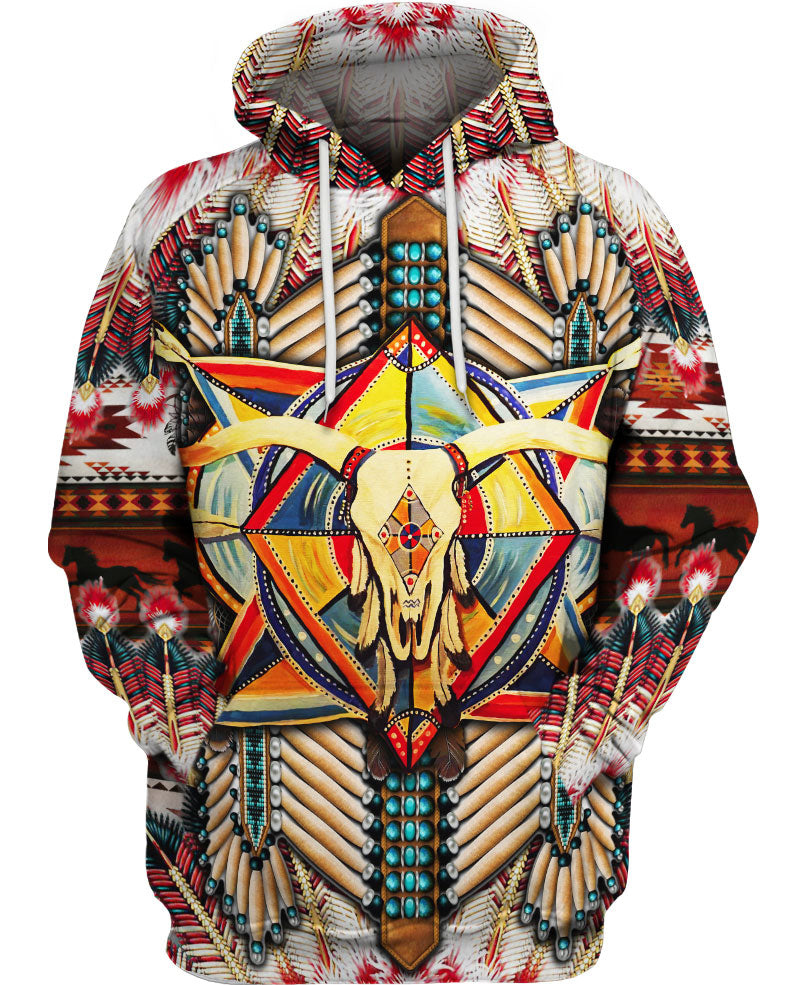 HOT Native American Buffalo Skull Feather All Over Printed 3D Hoodie