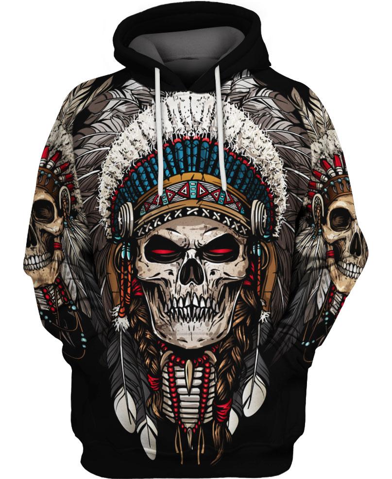 HOT Native American Skull black All Over Printed 3D Hoodie