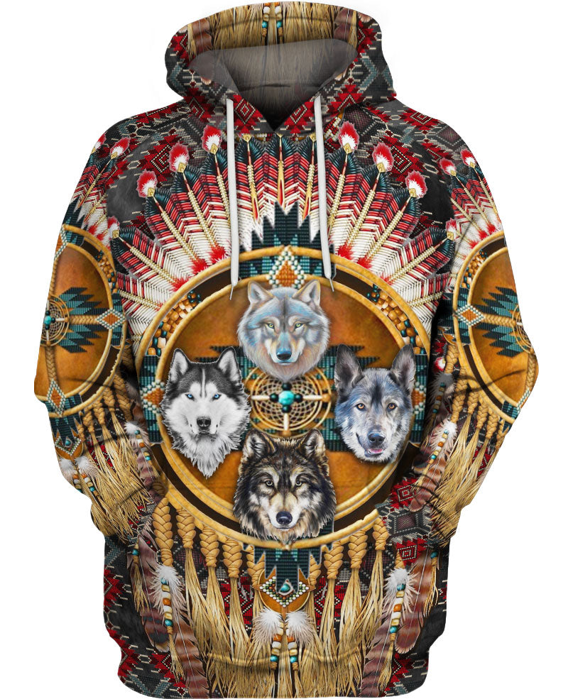 HOT Wolf Native American All Over Printed 3D Hoodie