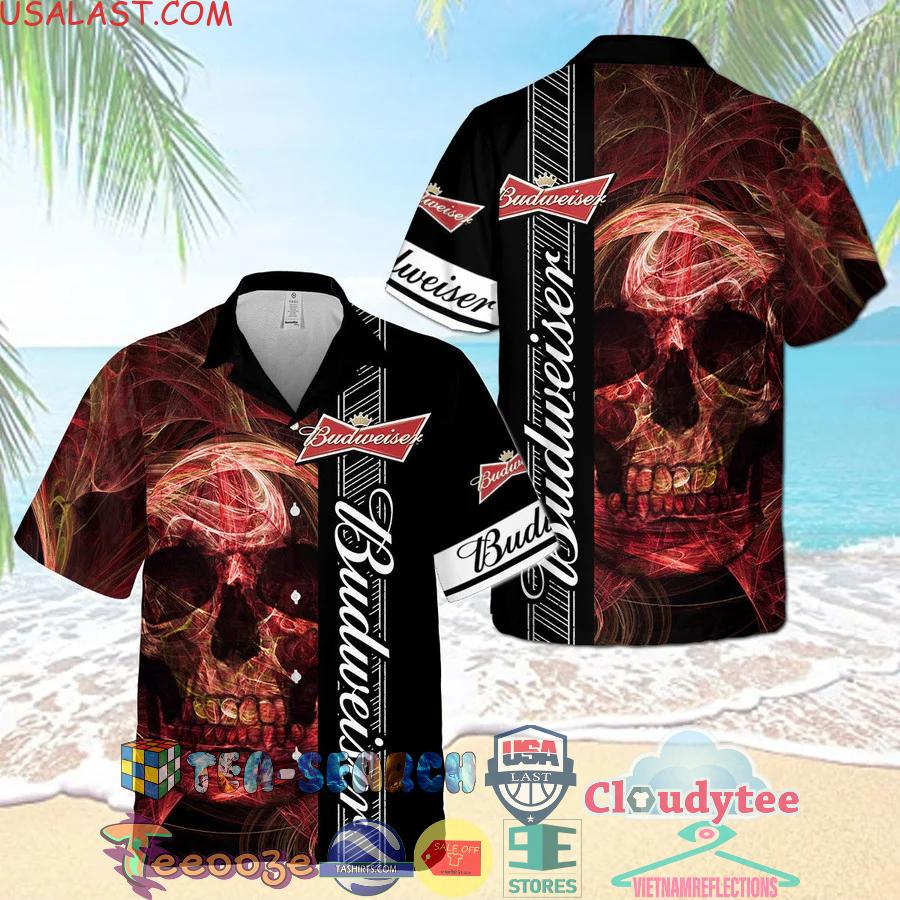 Budweiser Beer Smoky Red Skull Aloha Summer Beach Hawaiian Shirt