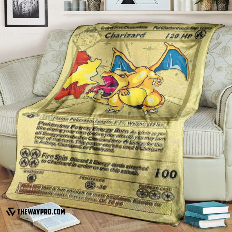 Anime Pokemon First Edition Charizard Gold Card Soft Blanket