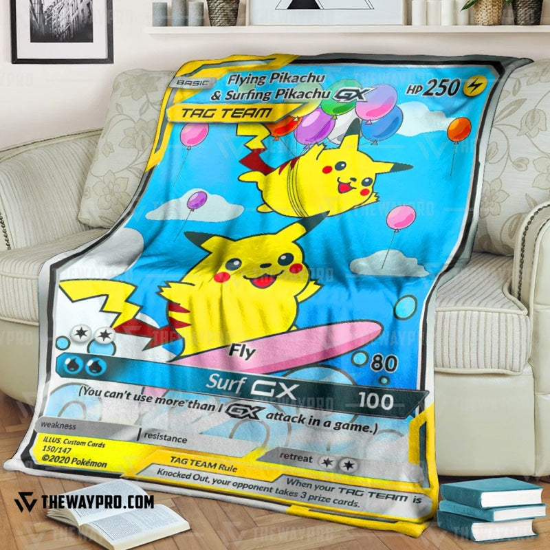 Anime Pokemon Flying & Surfing Pikachu Tag Team GX Soft Blanket