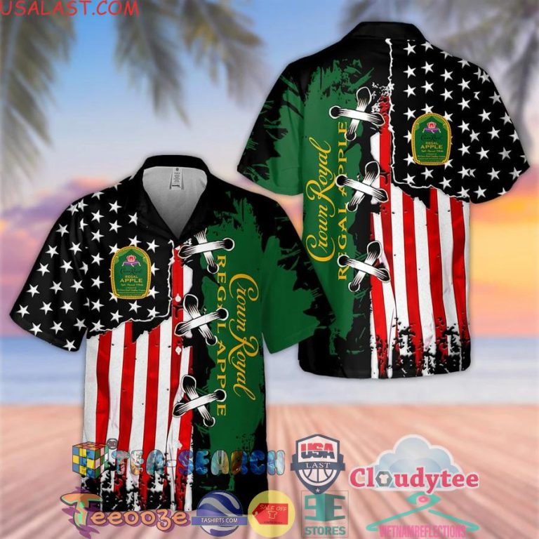 Crown Royal Regal Apple American Flag Cross Stitch Aloha Summer Beach Hawaiian Shirt