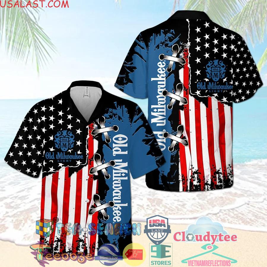 Old Milwaukee Light Beer American Flag Cross Stitch Aloha Summer Beach Hawaiian Shirt