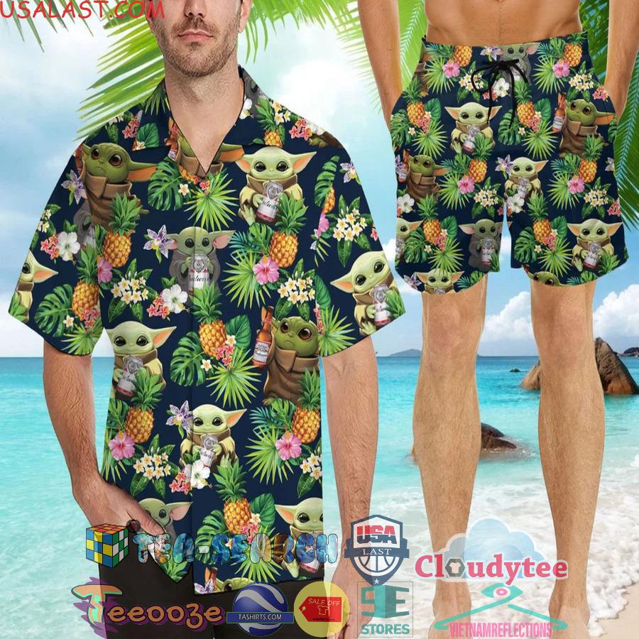 Budweiser Beer Baby Yoda Tropical Flowery Aloha Summer Beach Hawaiian Shirt