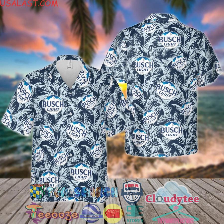 Busch Light Beer Tropical Leaves Navy Aloha Summer Beach Hawaiian Shirt