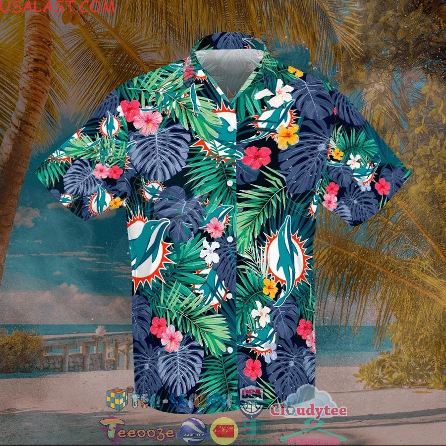 Miami Dolphins NFL Team Tropical Leaves All Over Print Hawaiian Shirt