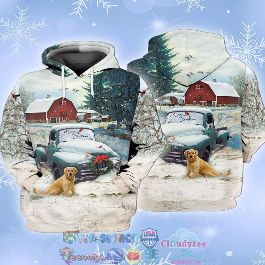 Christmas Farm Blue Truck With Red Barn And Retriever Dog 3D Hoodie